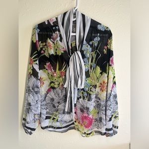 Floral + striped sheer blouse with attached scarf